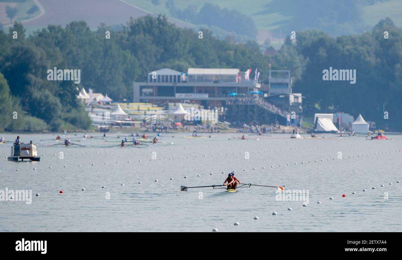 Linz, Austria, domenica 25 agosto 2019, Campionato del mondo di canottaggio FISA, Regatta, CHN W2-, Bow Xinyu LIN, Rui JU, [Crediti obbligatori; Peter SPURRIER/Intersport Images] 10:26:56, Domenica Foto Stock