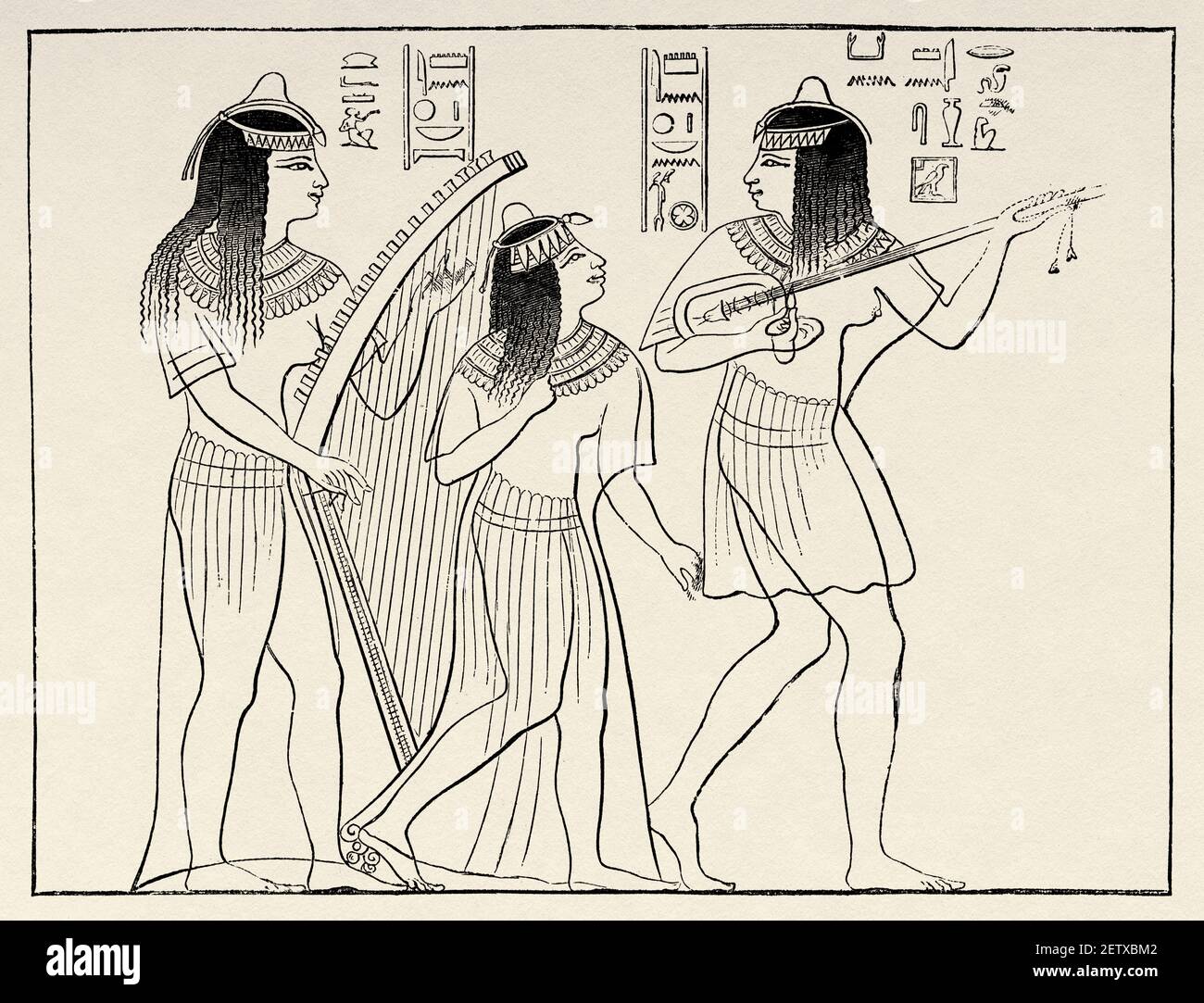 Antichi musicisti egiziani, antico Egitto. Africa. Antica illustrazione incisa del XIX secolo, El Mundo Ilustrado 1881 Foto Stock