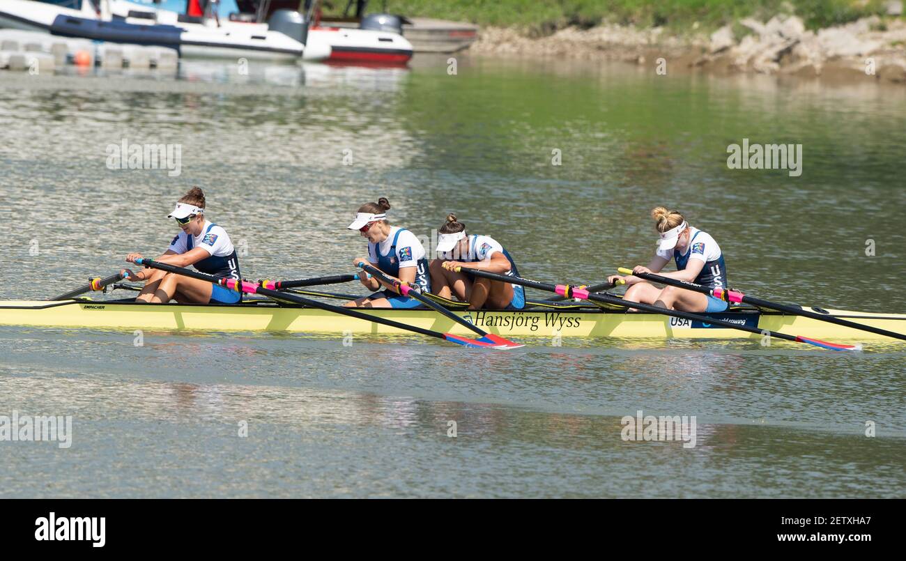 Linz, Austria, sabato 31 agosto 2019, Campionato del mondo di canottaggio FISA, USA W4X, Bow Lauren SCHMETTERLING, Sophia VITAS, Emily HUELSKAMP, Kathryn ROACH, di fronte alla Torre, finale B,[credito obbligatorio; Peter SPURRIER/Intersport Images] 12:51:42 31.08.19 Foto Stock