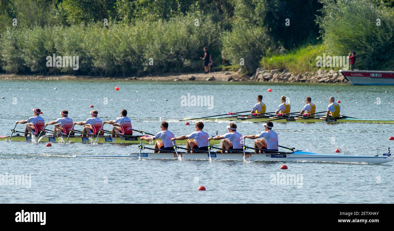 Linz, Austria, sabato 31 agosto 2019, Campionato Mondiale di canottaggio FISA, NED M4X, Bow Dirk UITTENBOGAARD, Abe WIEWinning the Final, TEN, toni METSEMAKERS, Koen METSEMAKERS, [credito obbligatorio; Peter SPURRIER/Intersport Images] 15:36:22 31.08.19 Foto Stock