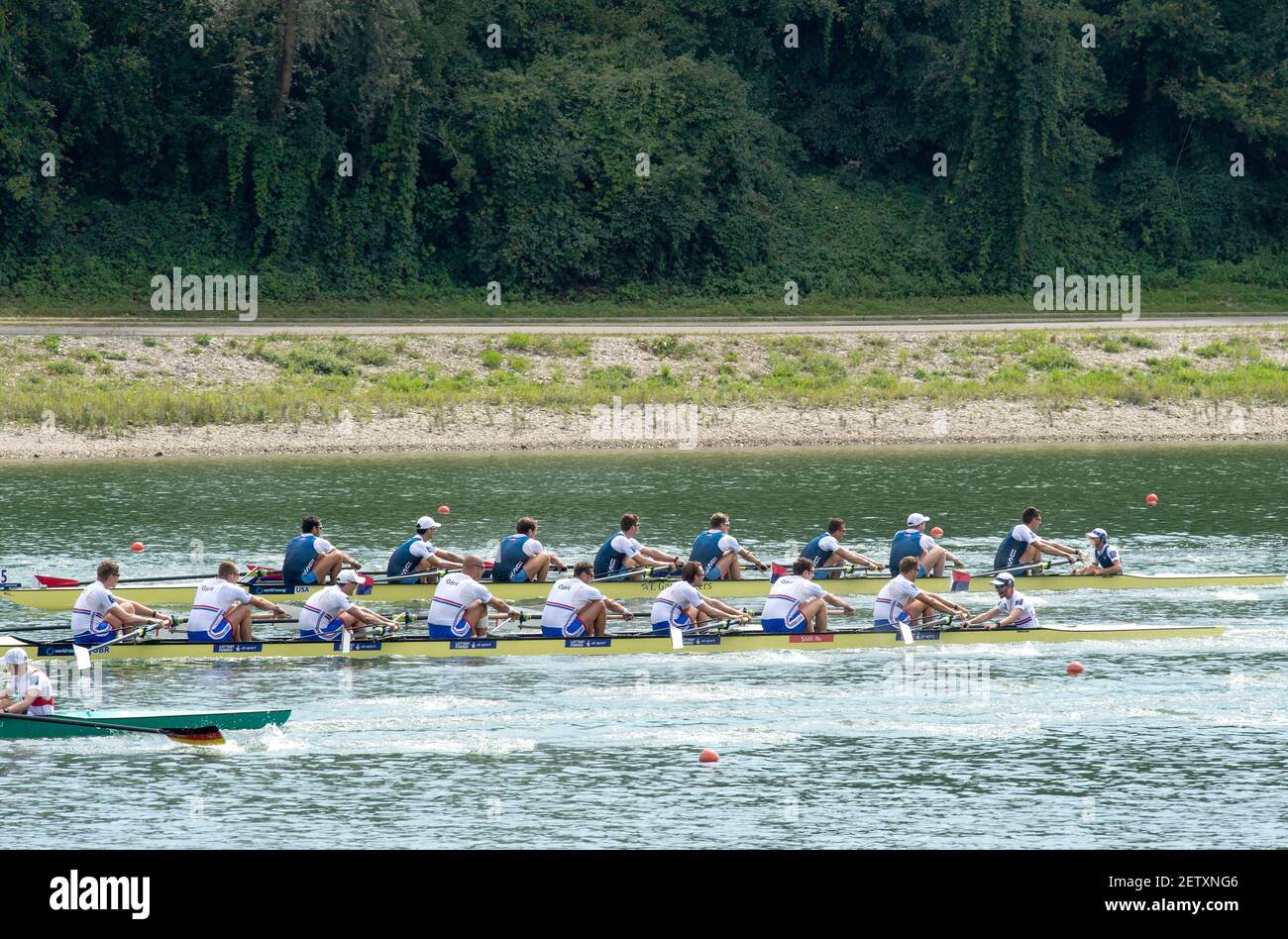 Linz, Austria, domenica, 1 settembre 2019, FISA World Rowing Championship, domenica finale singolo scafi per donna, NZL W1X, Emma TWIG, Silver Medalist Day [Mandatory Credit; Peter SPURRIER/Intersport Images] 14:17:17 01/09/2019 Crews Gold Medalist GER M8+, Bow Johannes WEISSENFELD, Lauresen, Christopher, REHONER, REHER, Jakob SCHNEIDER, Malte JAKSCHIK, Richard SCHMIDT, Hannes OCIK, Cox Martin SAUER, GBR M8+, Bow Tom George, James Rudkin, Josh Bugajski, Mohamed Sbihi, Jacob Dawson, Ollie Wynne-Griffith, Matt Tarrant, Tom Ford, Cox Henry Fieldman, USA M8+, Bow Alexander Foto Stock