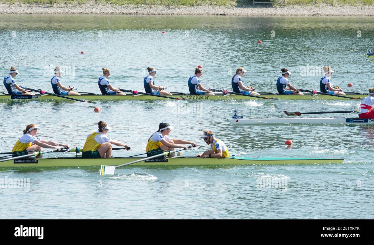 Linz, Austria, Domenica, 1 settembre 2019, Campionato Mondiale di canottaggio FISA, Domenica finale Giornata delle Donne Eights Final. [Crediti obbligatori; Peter SPURRIER/Intersport Images] 15:07:53 01/09/2019 USA W8+, Bow Felice MUELLER, Kristine o'BRIEN, Kristine, Meghan MUSNICKI, Dana MOFFAT, Olivia COFFEY, Emily REGAN, Emily, Gia DOONAN, Erin REELICK, Cox, Katelin GUREGIAN, AUS W8+, Bow Leah SAUNDERS, Jacinta EDMUNDS, Bronwyn COX, Georgina ROWE, Rosemary POPA, Annabelle MCINTYRE, Jessica MORRISON, Molly GOODMAN, Cox James ROOK, CAN W8+, Bow Lisa ROMAN, Kasia GRUCHALLA-WESIERSKI, Avalon WASTENEYS, Nicole ha Foto Stock