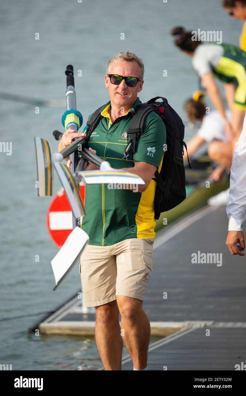 Linz, Austria, giovedì 29 agosto 2019, Campionato Mondiale di canottaggio FISA, Regata, Area Parco delle Nauti, Capo allenatore femminile John KEOGH. Australia, [Mandatory Credit; Peter SPURRIER/Intersport Images] 08:21:13 29.08.19 Foto Stock