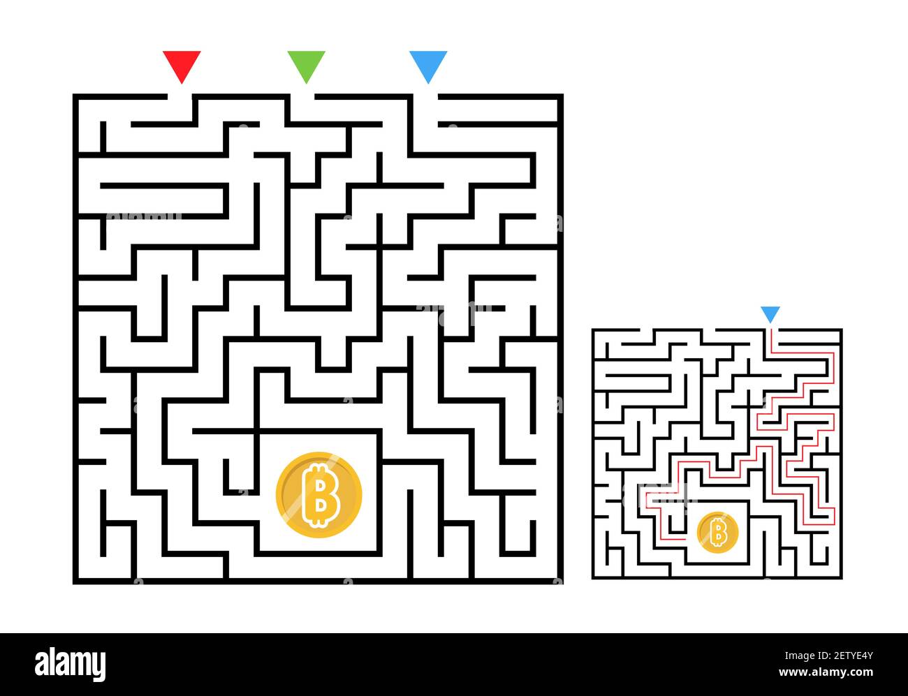 Gioco labirinto di labirinto quadrato con moneta di bit. Logica labirintica per bambini. Tre ingressi e una strada a destra per andare. Immagine piatta vettoriale Illustrazione Vettoriale
