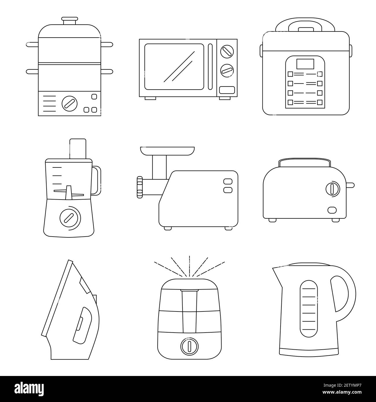 Piccoli elettrodomestici per la cucina e la casa (icone di linea). Icone degli strumenti domestici. Attrezzature per la preparazione di alimenti: Vaporiera, cucina multipla, robot da cucina, microwa Illustrazione Vettoriale