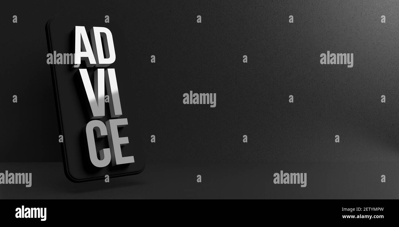 Tecnologia mobile, online trading e concetto bancario: telefono cellulare nero con rendering 3d su superficie scura con ampio spazio di copia. CONSIGLI in lettere bianche. Foto Stock