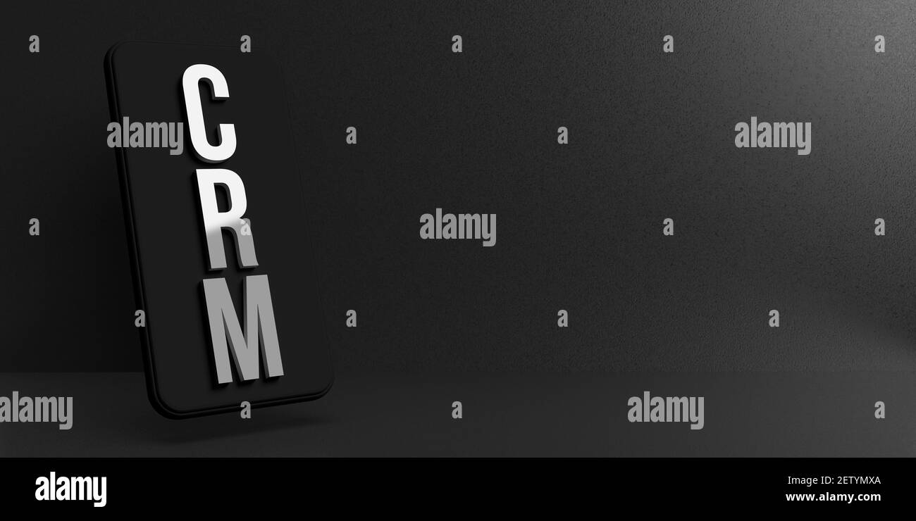 Tecnologia mobile, online trading e concetto bancario: Customer Relationship Management, CRM in lettere bianche. Ottimizzazione dell'elaborazione Foto Stock