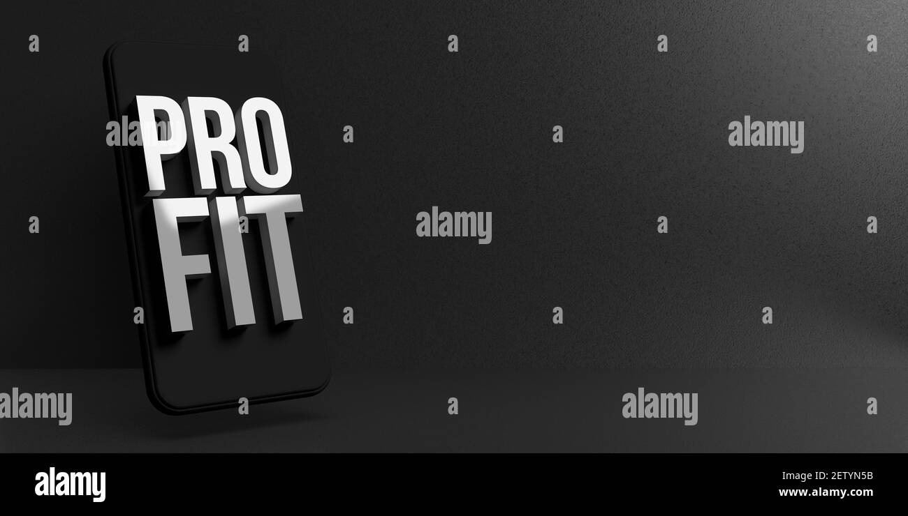 Tecnologia mobile, online trading e concetto bancario: PROFITTO in lettere bianche. Ritorno dell'investimento, ROI. PRO per UNA VESTIBILITÀ professionale Foto Stock