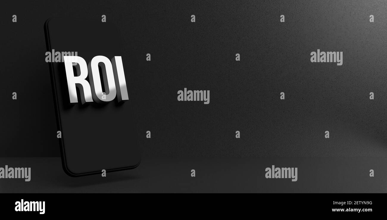 Tecnologia mobile, online trading e concetto bancario: Ritorno sugli investimenti, ROI, in lettere bianche. Leadership nella finanza. telefono cellulare nero con rendering 3d Foto Stock