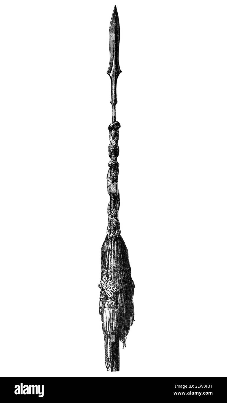 Lancia o lancia a cavallo della cavalleria etiope. Cultura e storia dell'Africa orientale. Immagine in bianco e nero d'epoca. 19 ° secolo. Foto Stock