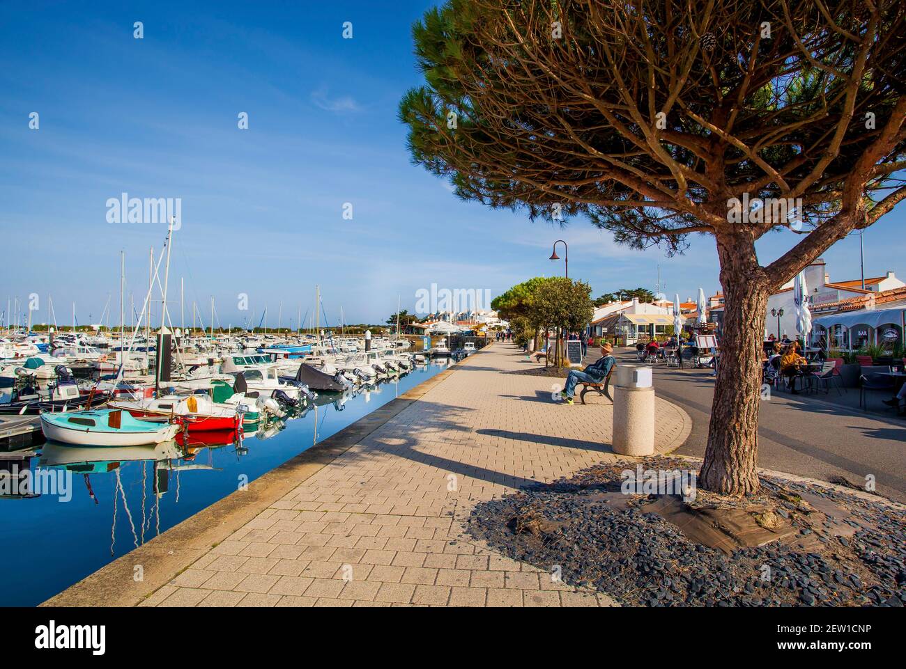 Francia, Vandea (85), île de Noirmoutier, Noirmoutier-en-l'Ile, Promenade et bateaux au mouillage dans le port de plaisance de l'Herbaudière Foto Stock