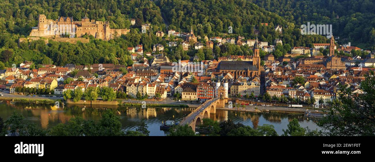 Germania, Baden Wurttemberg, Heidelberg, la città, il castello dalla riva destra del Neckar e il vecchio ponte Karl-Theodor Brücke Foto Stock