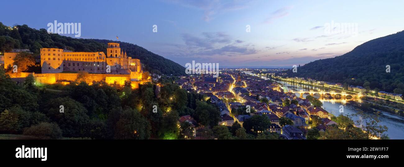 Germania, Baden Wurttemberg, Heidelberg, il castello, la città e la valle del Neckar fin dai giardini del castello Foto Stock
