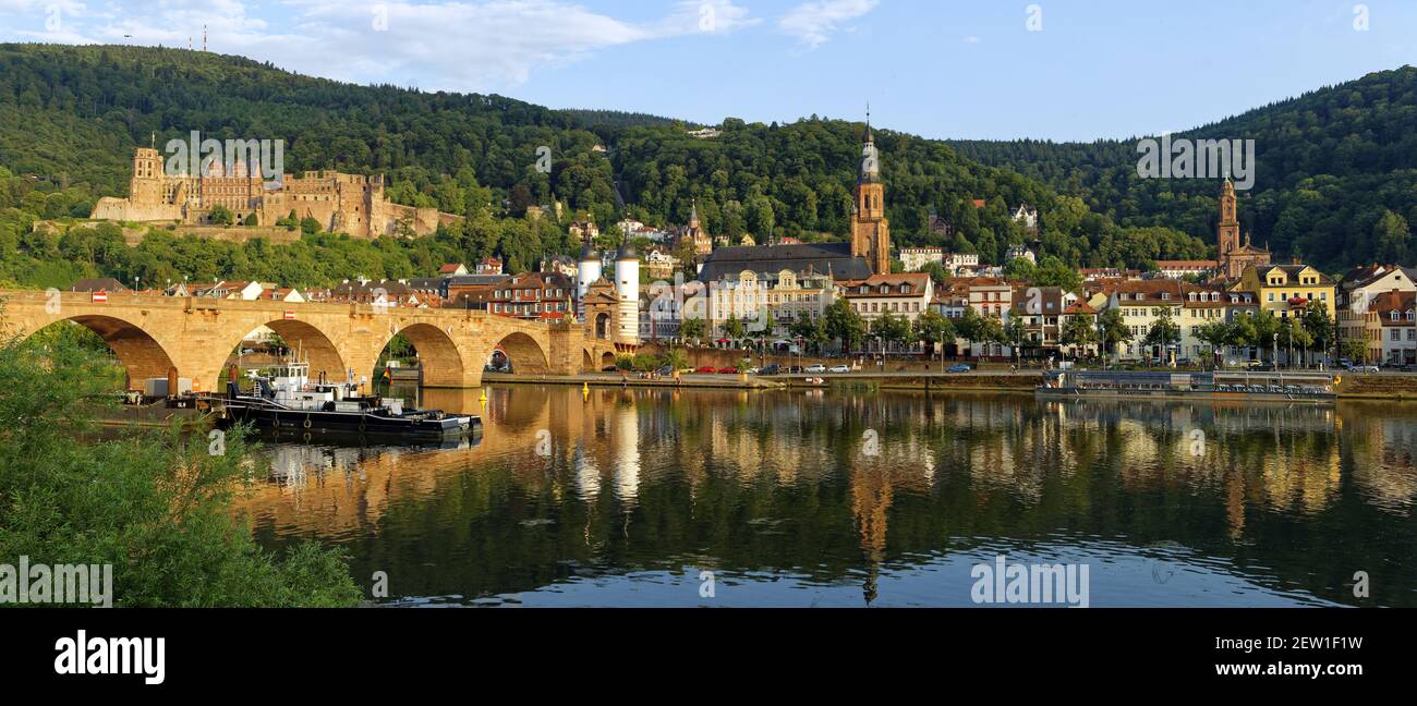 Germania, Baden Wurttemberg, Heidelberg, la città, il castello dalla riva destra del Neckar e il vecchio ponte Karl-Theodor Brücke Foto Stock
