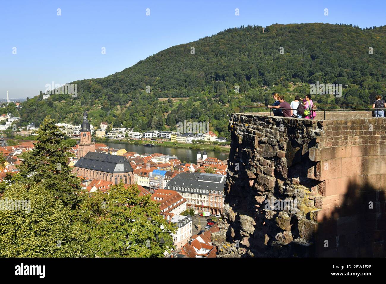 Germania, Baden Württemberg, Heidelberg, che si affaccia sulla città e la valle del Neckar dal Castello Rondell Foto Stock