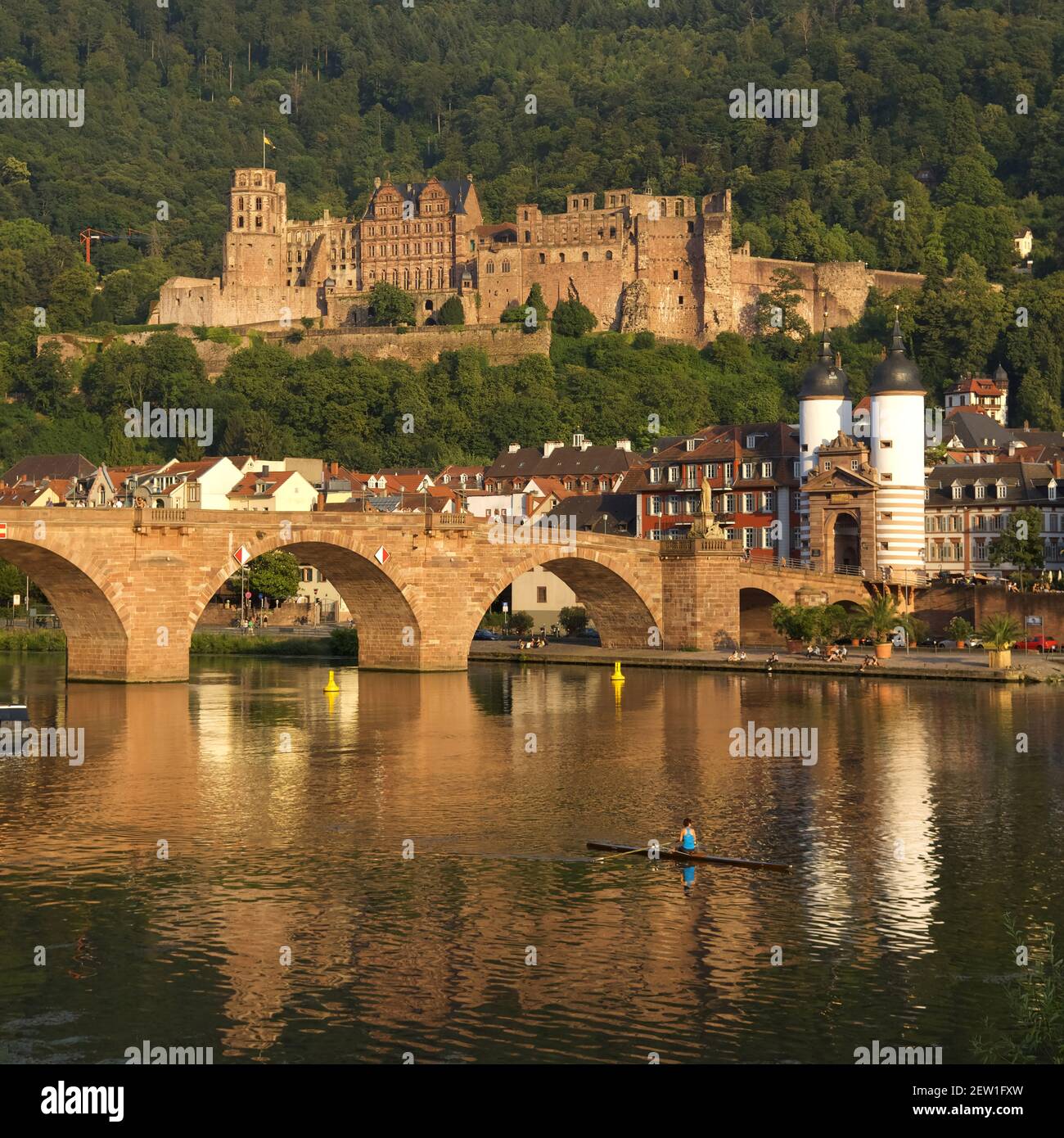 Germania, Baden Wurttemberg, Heidelberg, la città, il castello dalla riva destra del Neckar e il vecchio ponte Karl-Theodor Brücke Foto Stock
