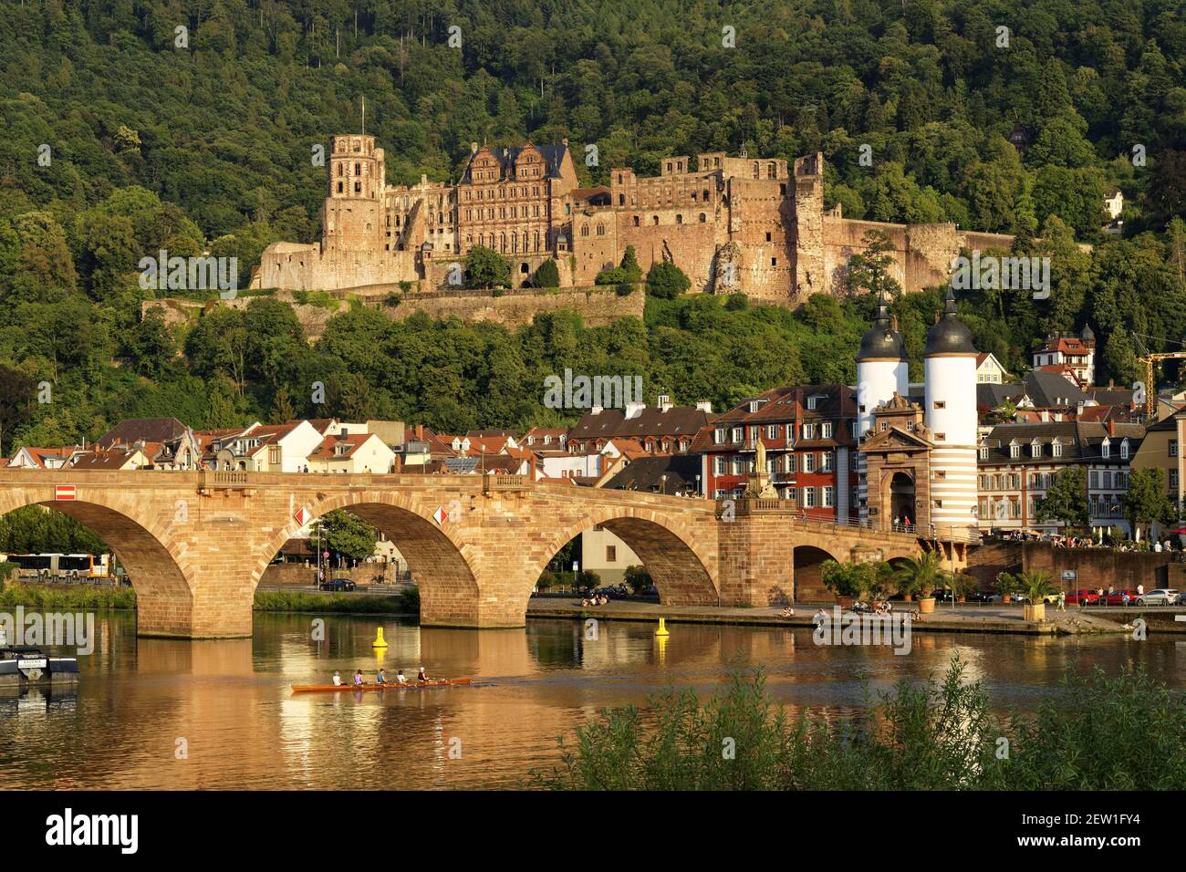 Germania, Baden Wurttemberg, Heidelberg, la città, il castello dalla riva destra del Neckar e il vecchio ponte Karl-Theodor Brücke Foto Stock