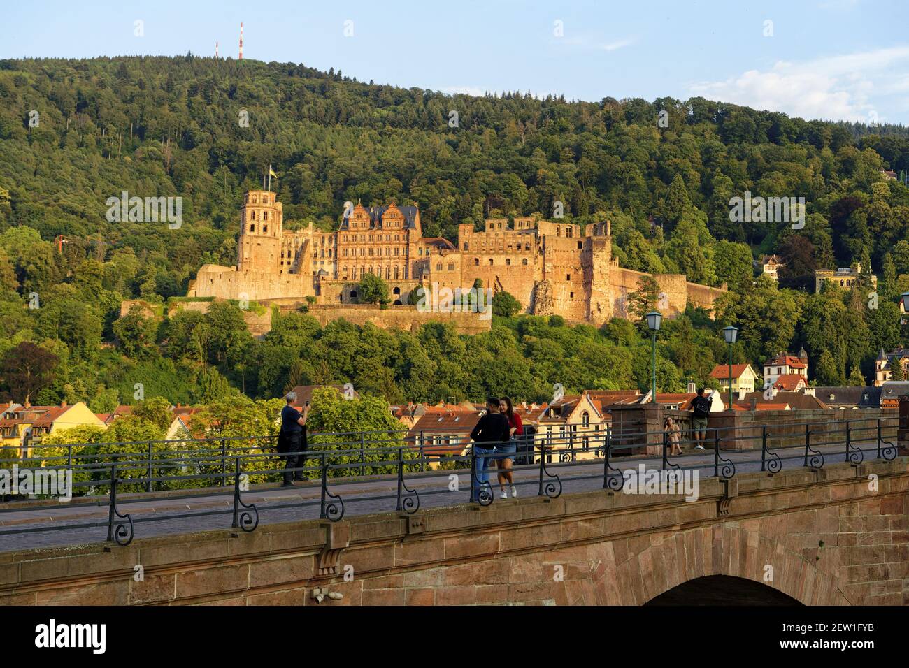 Germania, Baden Wurttemberg, Heidelberg, la città, il castello dalla riva destra del Neckar e il vecchio ponte Karl-Theodor Brücke Foto Stock