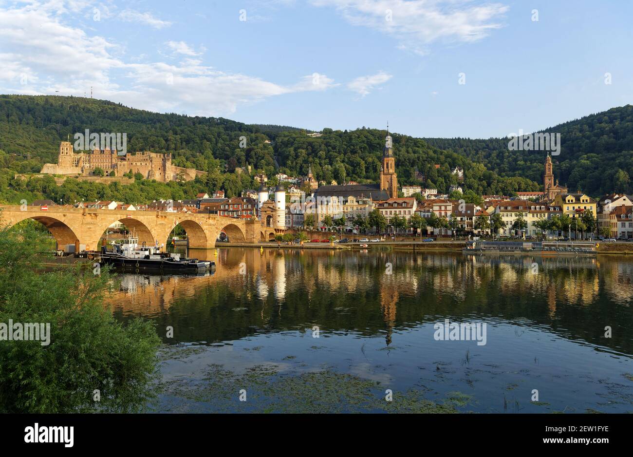 Germania, Baden Wurttemberg, Heidelberg, la città, il castello dalla riva destra del Neckar e il vecchio ponte Karl-Theodor Brücke Foto Stock