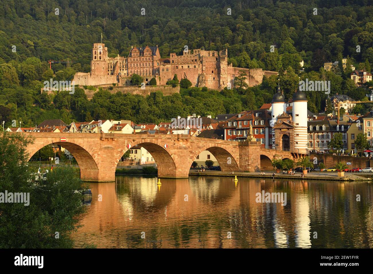 Germania, Baden Wurttemberg, Heidelberg, la città, il castello dalla riva destra del Neckar e il vecchio ponte Karl-Theodor Brücke Foto Stock