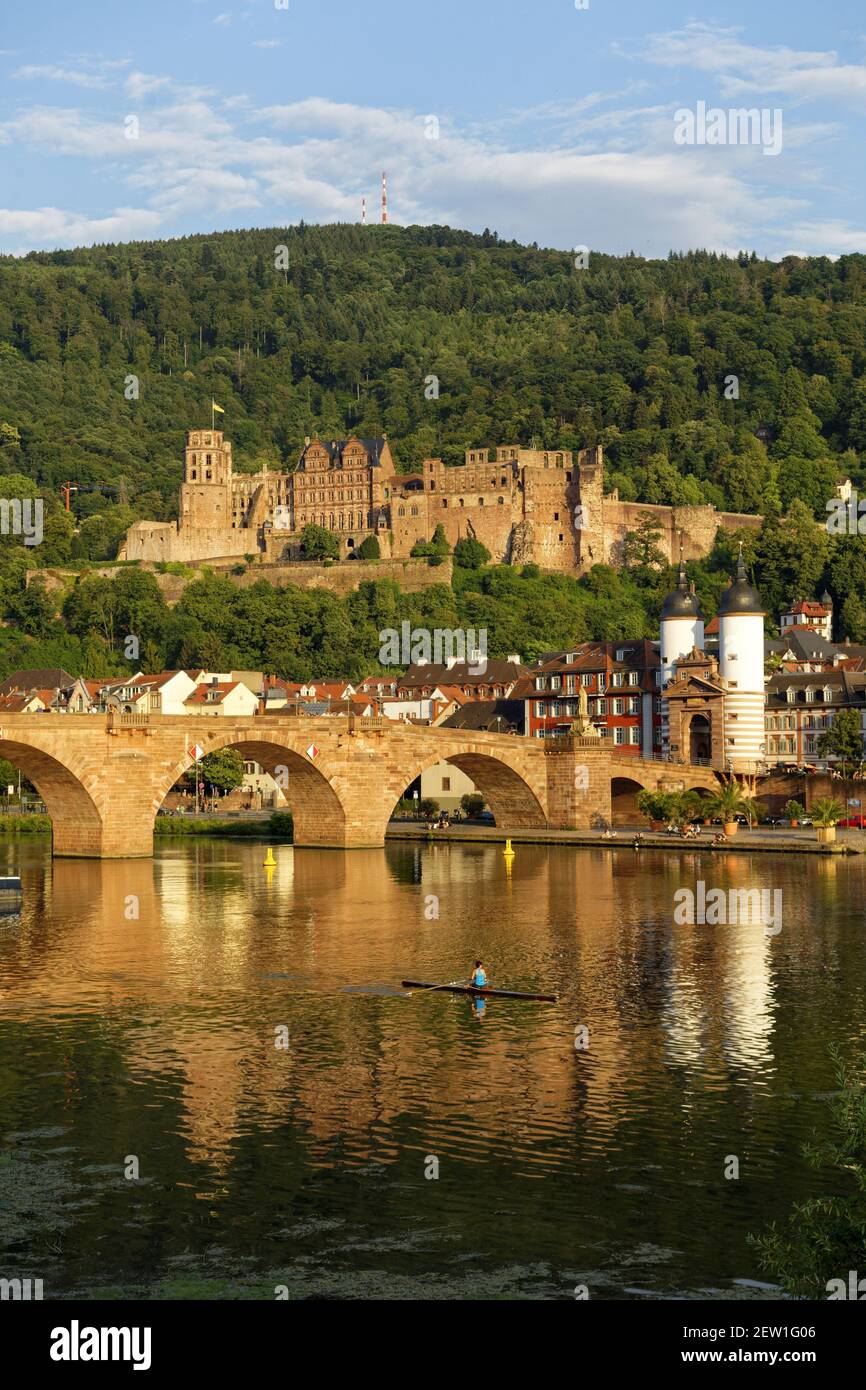 Germania, Baden Wurttemberg, Heidelberg, la città, il castello dalla riva destra del Neckar e il vecchio ponte Karl-Theodor Brücke Foto Stock