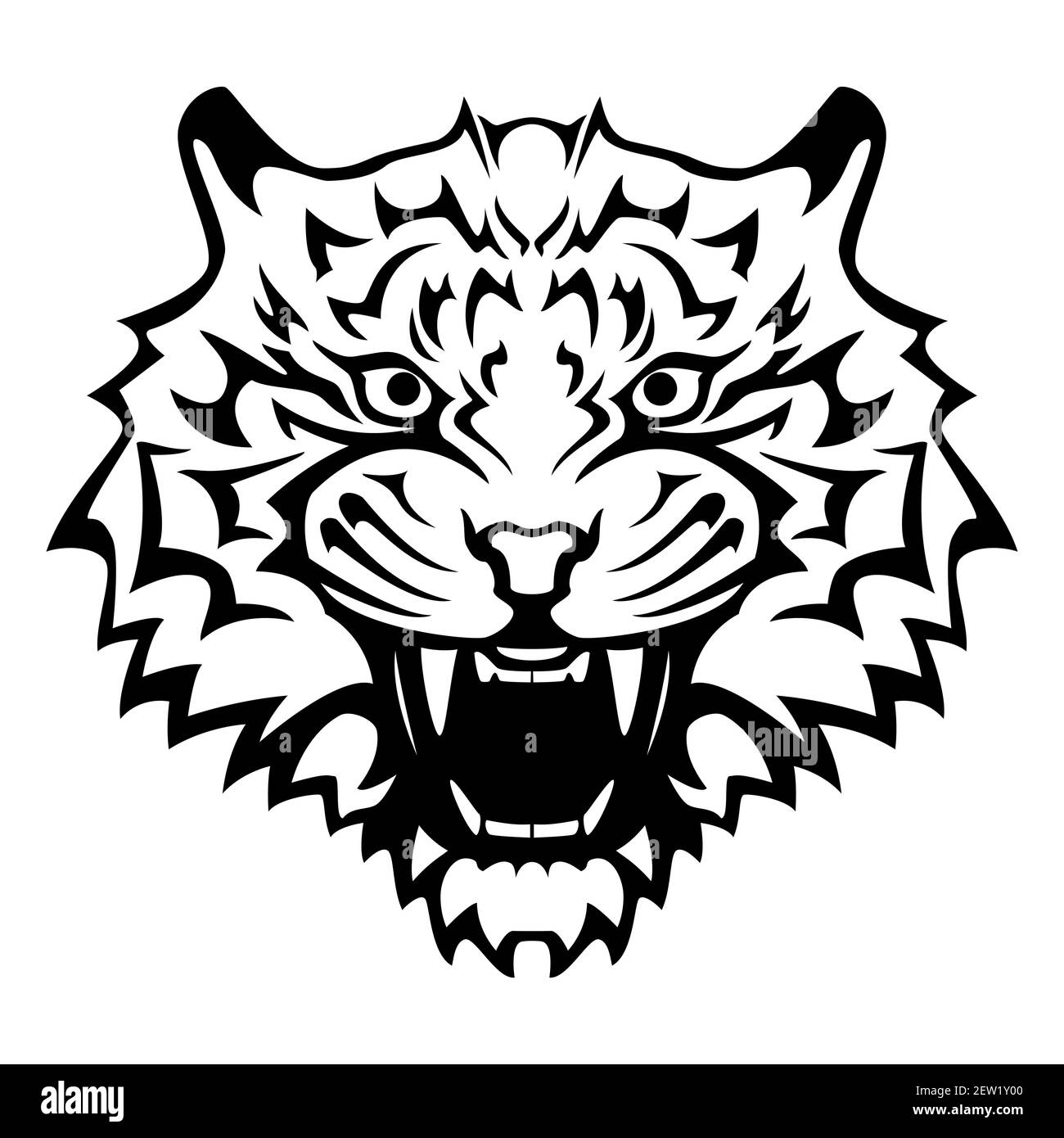 Testa di tigre con bocca aperta e grinzagli nudi - illustrazione vettoriale in bianco e nero del tatuaggio, isolato su sfondo bianco Illustrazione Vettoriale Testa di tigre con bocca aperta e grinzagli nudi - illustrazione vettoriale in bianco e nero del tatuaggio, isolato su sfondo bianco Illustrazione Vettoriale