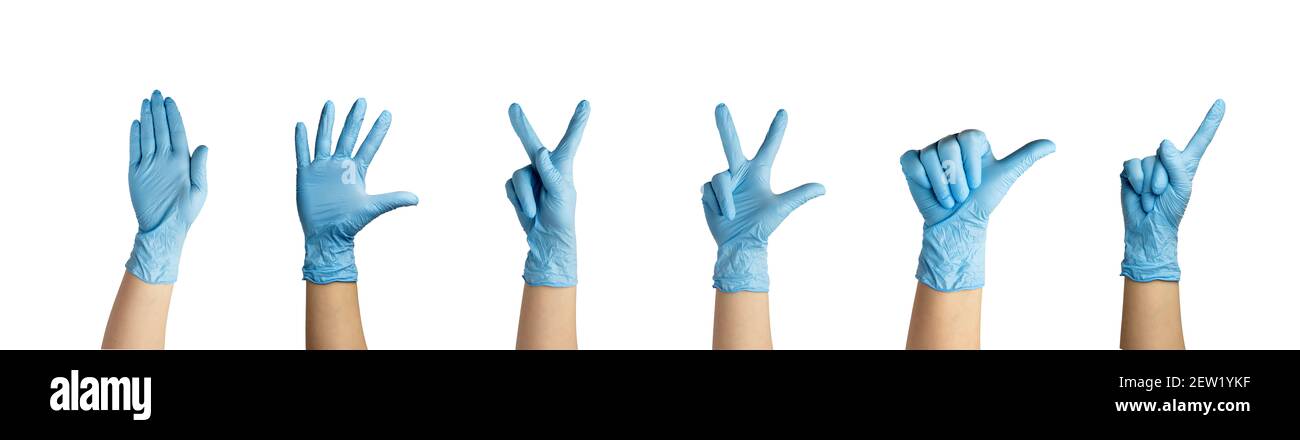 diverse mani in guanti blu di nitrile mostrano dita diverse gesti Foto Stock