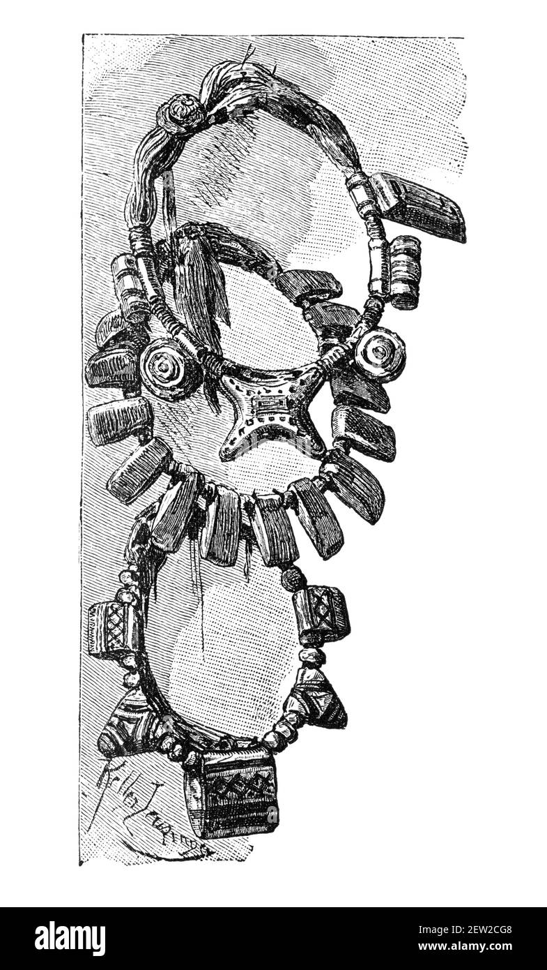 Amuleti e collane Tuareg Gri Gri. Cultura e storia del Nord Africa. Immagine in bianco e nero d'epoca. 19 ° secolo. Foto Stock