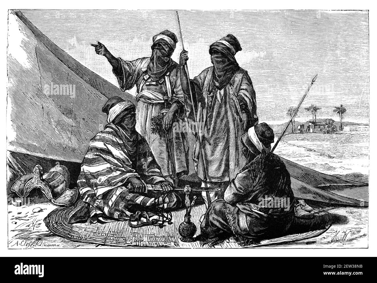 Armato Berbero Tuareg Men.Culture e storia del Nord Africa. Immagine in bianco e nero d'epoca. 19 ° secolo. Foto Stock