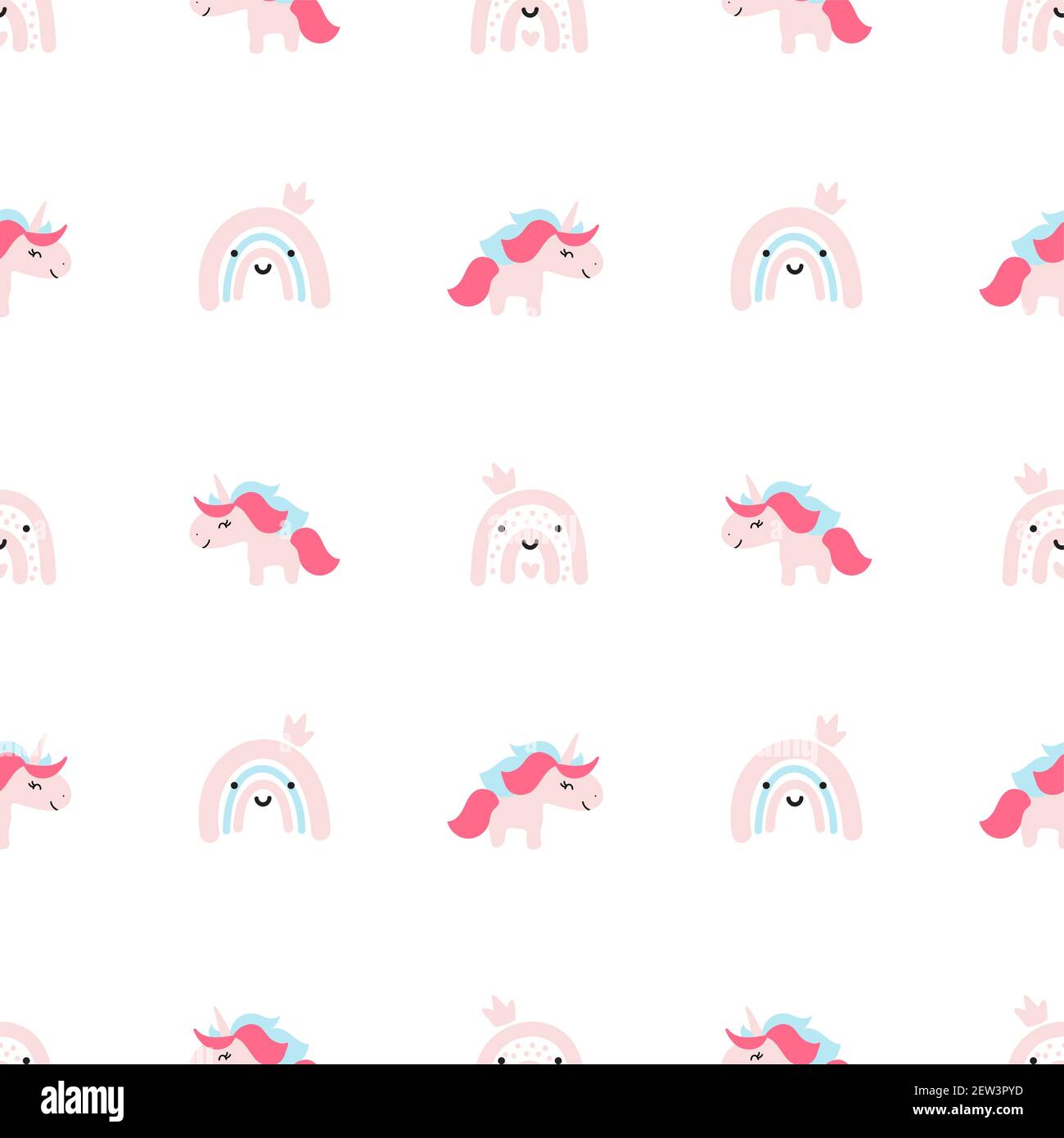 Carino cartone animato unicorn senza cuciture baby vettore modello di sfondo illustrazione con fiori pastello. Texture bambini per sfondo bambini, riempimenti, pagina web Illustrazione Vettoriale