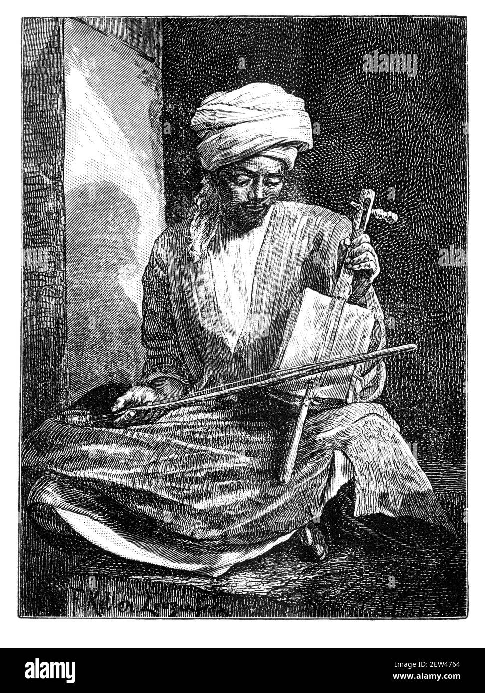 Musicista arabo dal Cairo, Egitto. Cultura e storia del Nord Africa. Immagine in bianco e nero d'epoca. 19 ° secolo. Foto Stock