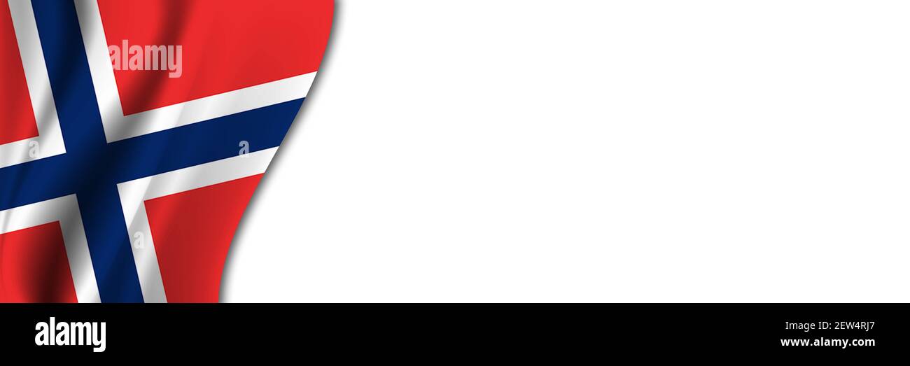 Bandiera norvegese su sfondo bianco. Sfondo bianco con posto per il testo vicino alla bandiera della Norvegia. Foto Stock