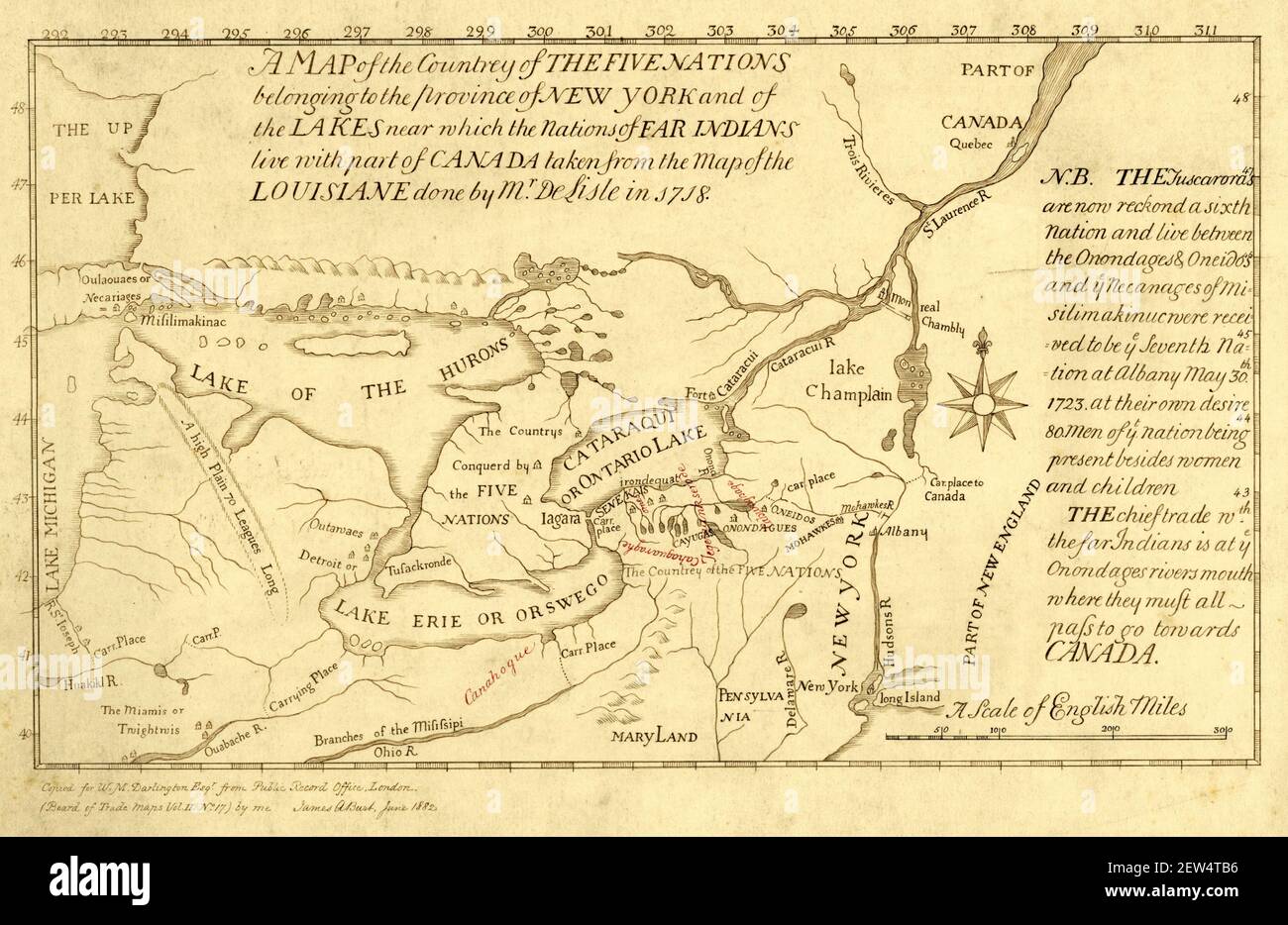 Una mappa del 1730 della Confederazione Iroquois (conosciuta anche come le cinque Nazioni o la Lega Iroquois). Foto Stock