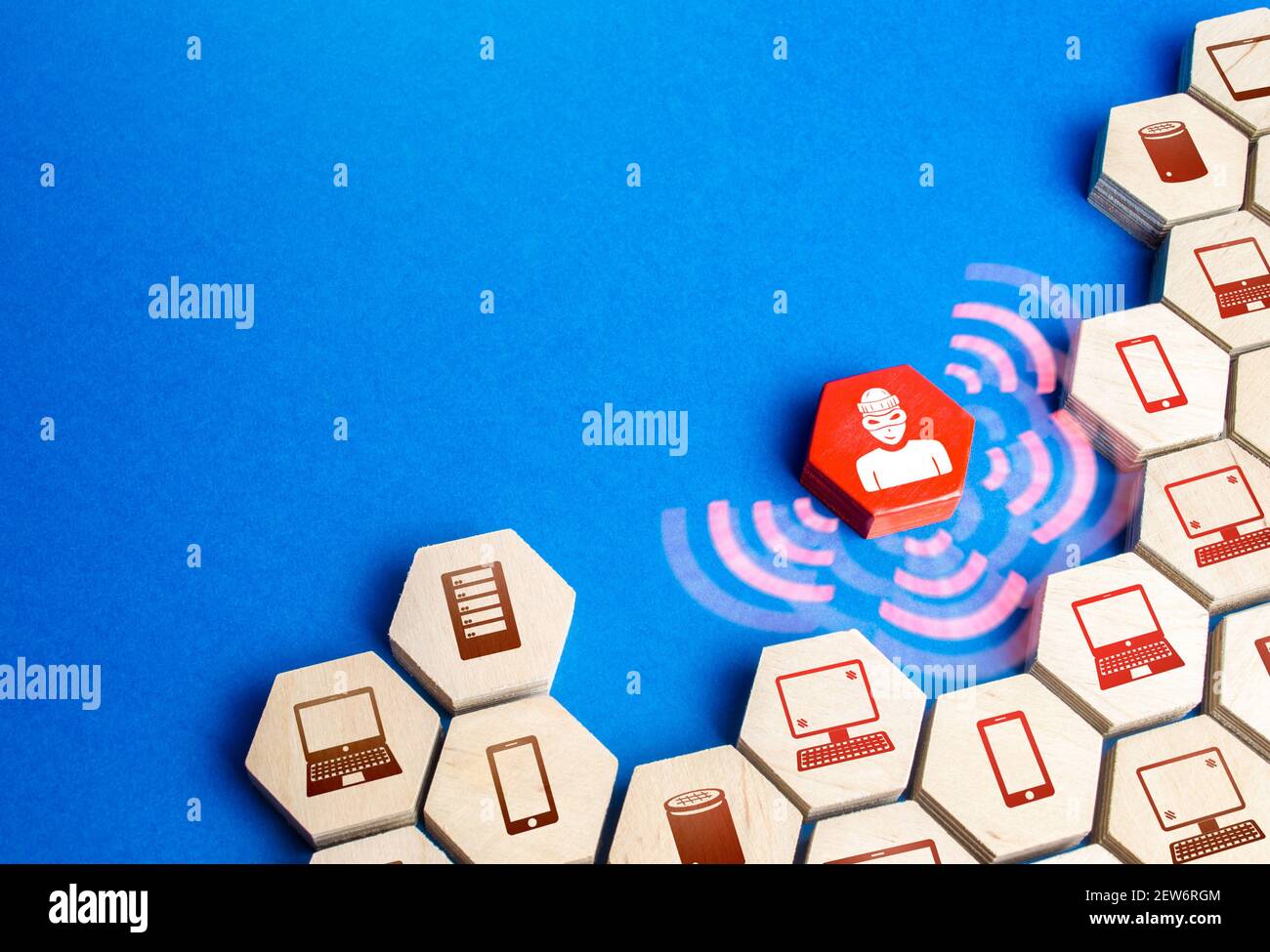 Figurine hacker intruso attacco utenti dispositivi di rete. Furto di dati personali e finanziari. Sicurezza dell'utente. Attacco hacker al sistema di sicurezza governativo Foto Stock