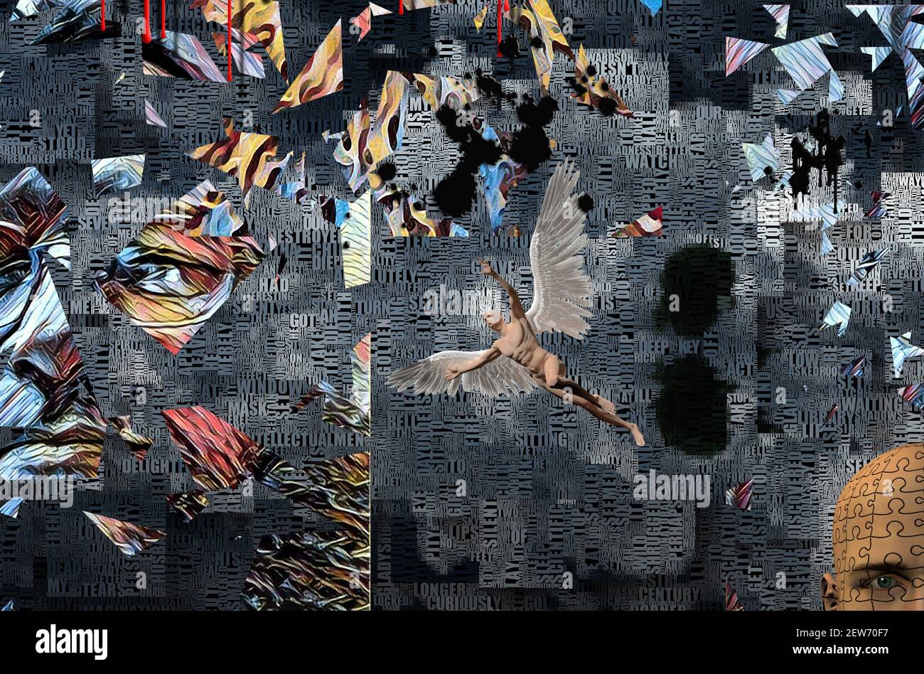 Volti degli uomini. L'uomo con le ali rappresenta l'angelo. Parole. Rendering 3D Foto Stock