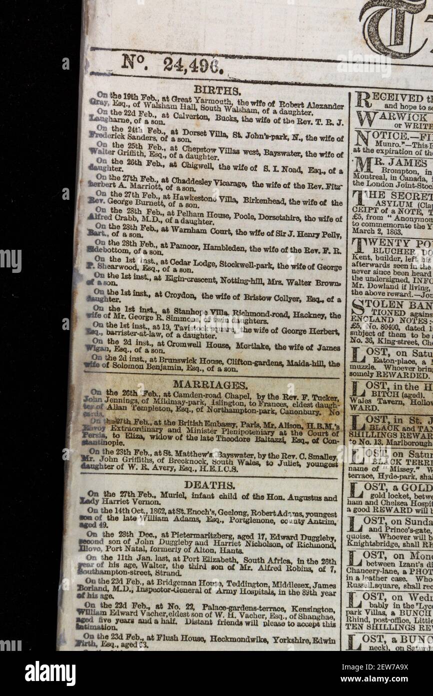 Nascite, matrimoni e morti sulla prima pagina del giornale Times di Londra martedì 3 marzo 1863. Foto Stock