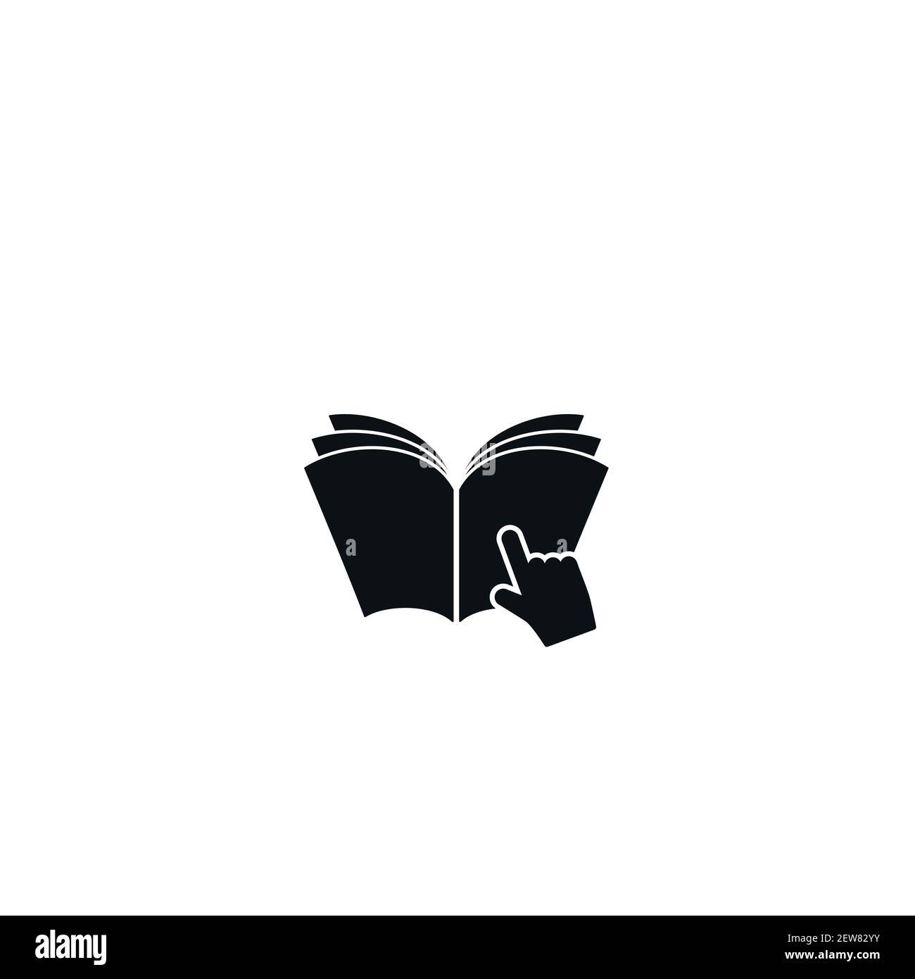 libro nero e mano di puntamento isolato su sfondo bianco. Icona di Knowledge Flat. Illustrazione vettoriale. Logo di lettura. Manuale e tutorial, istruzione sy Illustrazione Vettoriale