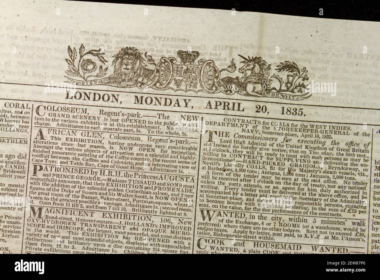 Mast head e la prima pagina del giornale Times (lunedì 20 aprile 1835), Londra, Regno Unito. Foto Stock