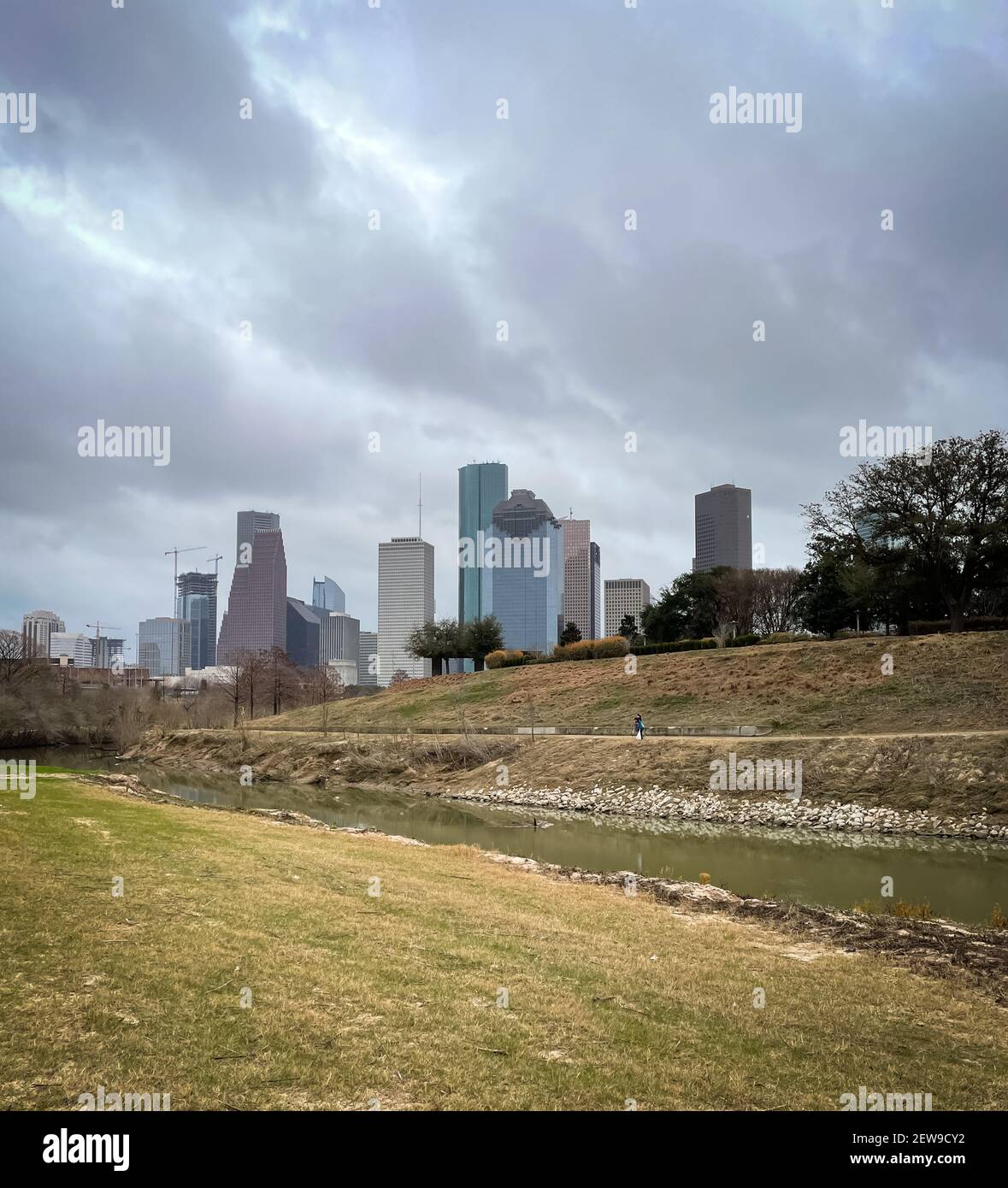 Vista panoramica del Buffalo Bayou Park con un campo di erba, edifici del centro e alberi in Texas Foto Stock