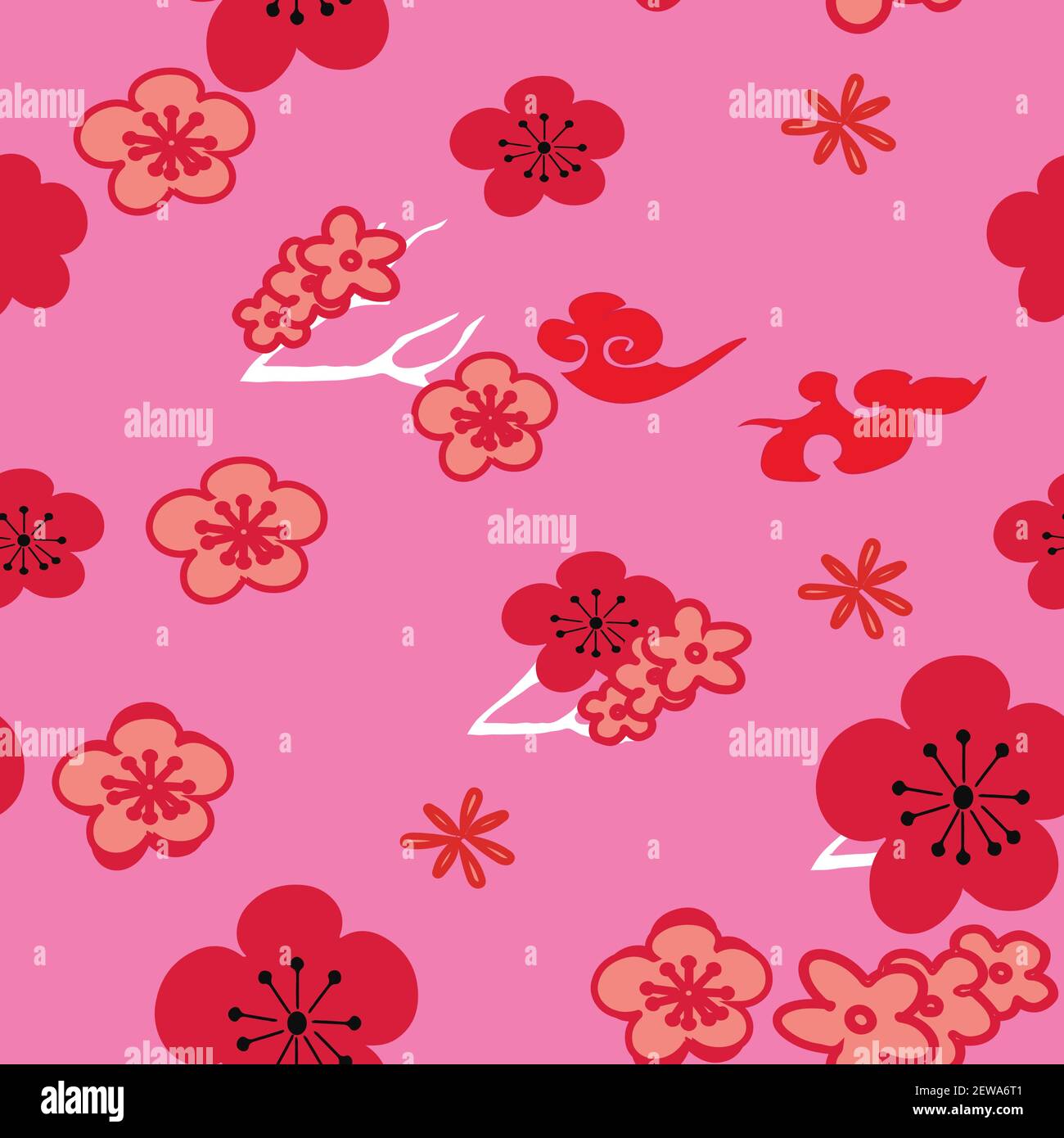 Vector rosso fiori rosa ciliegia fiore, motivo senza cuciture sfondo. Illustrazione Vettoriale
