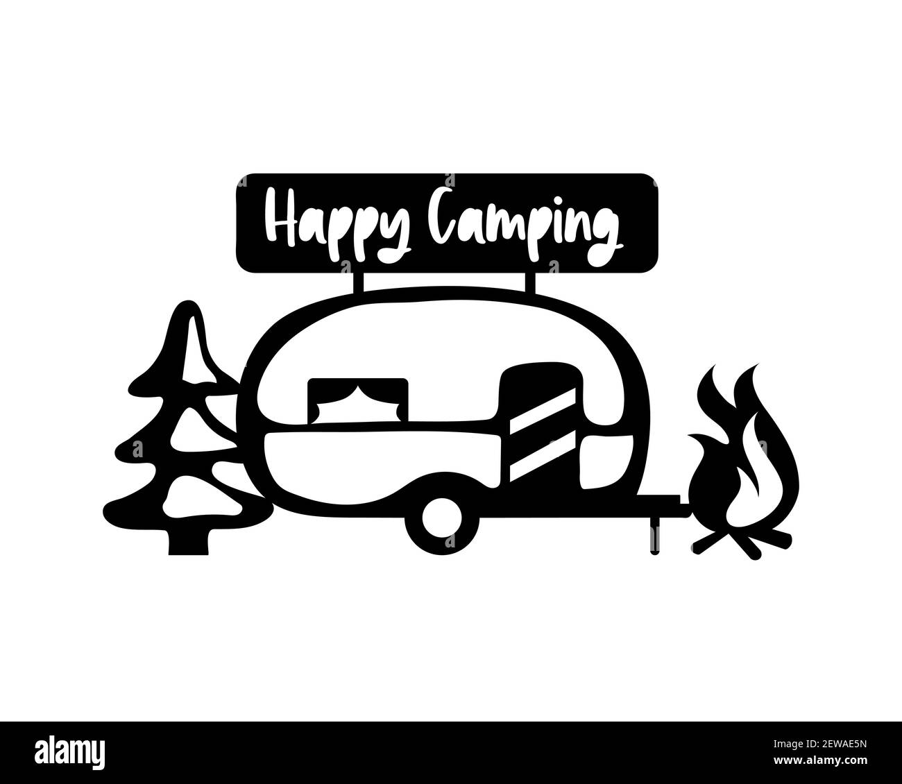 Silhouette di camper. Attività ricreative mobili. Cartello campeggiatore, albero, falò, natura. Illustrazione vettoriale dello stile di schizzo. Disegno di taglio laser da campeggio. Illustrazione Vettoriale