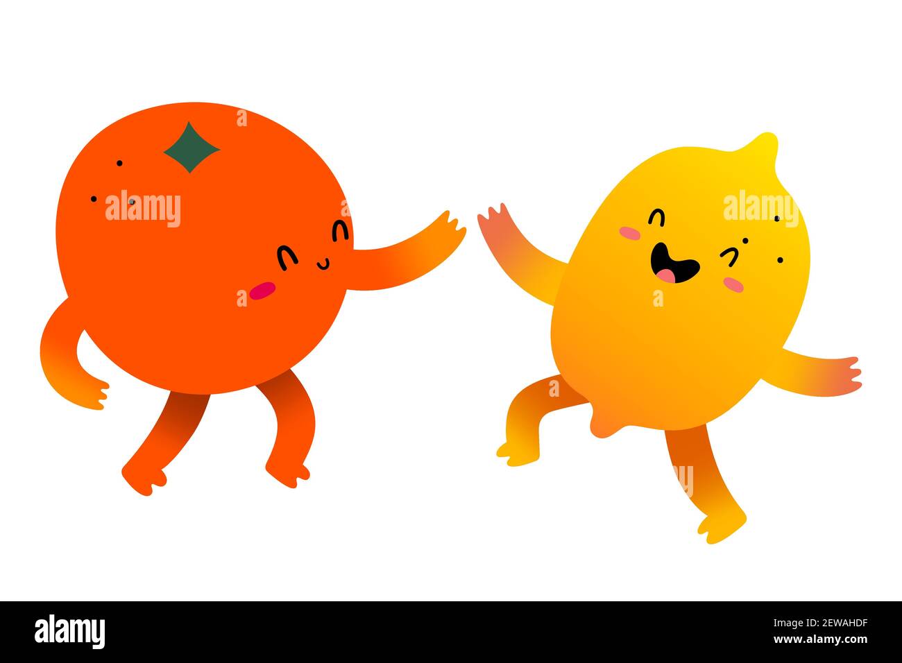 Carino arancio e limone frutta personaggi danzanti tenendo le mani divertirsi, felice kawaii cartoon personaggi con espressioni viso isolato su bianco Illustrazione Vettoriale