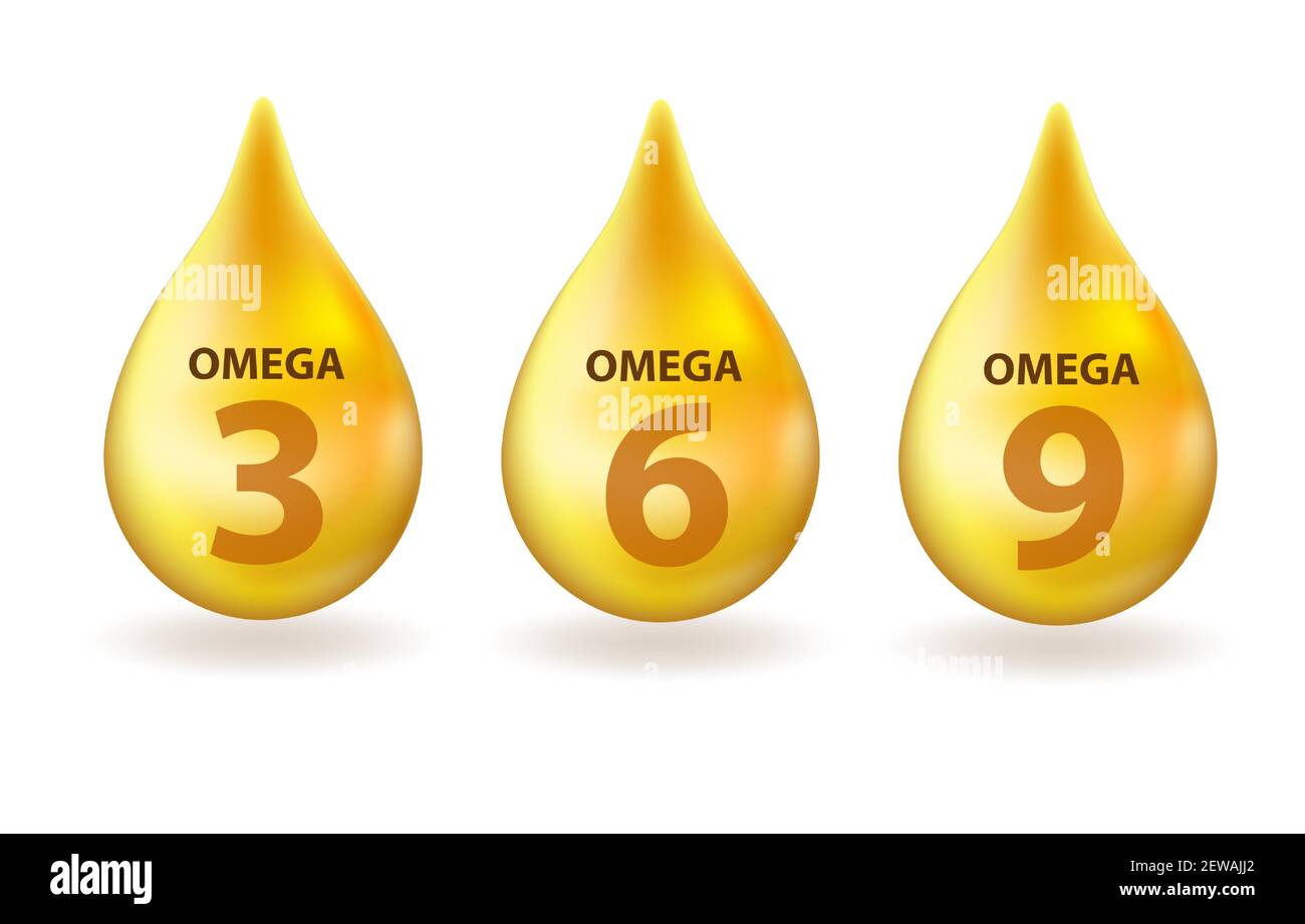 Vitamin Omega 3, 6, 9 Drop stile 3d realistico. Grasso di pesce. Concetto di vettore di stile di vita sano Illustrazione Vettoriale