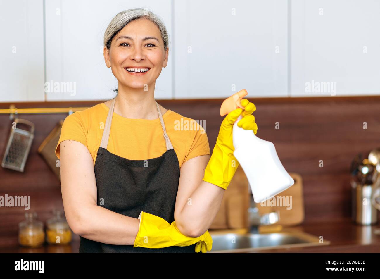 Soddisfatto sorridente casalinga asiatica matura o donna di pulizia in guanti gialli e un grembiule, tenendo detersivo, pronto a casa o in ufficio pulizia, guarda la fotocamera Foto Stock