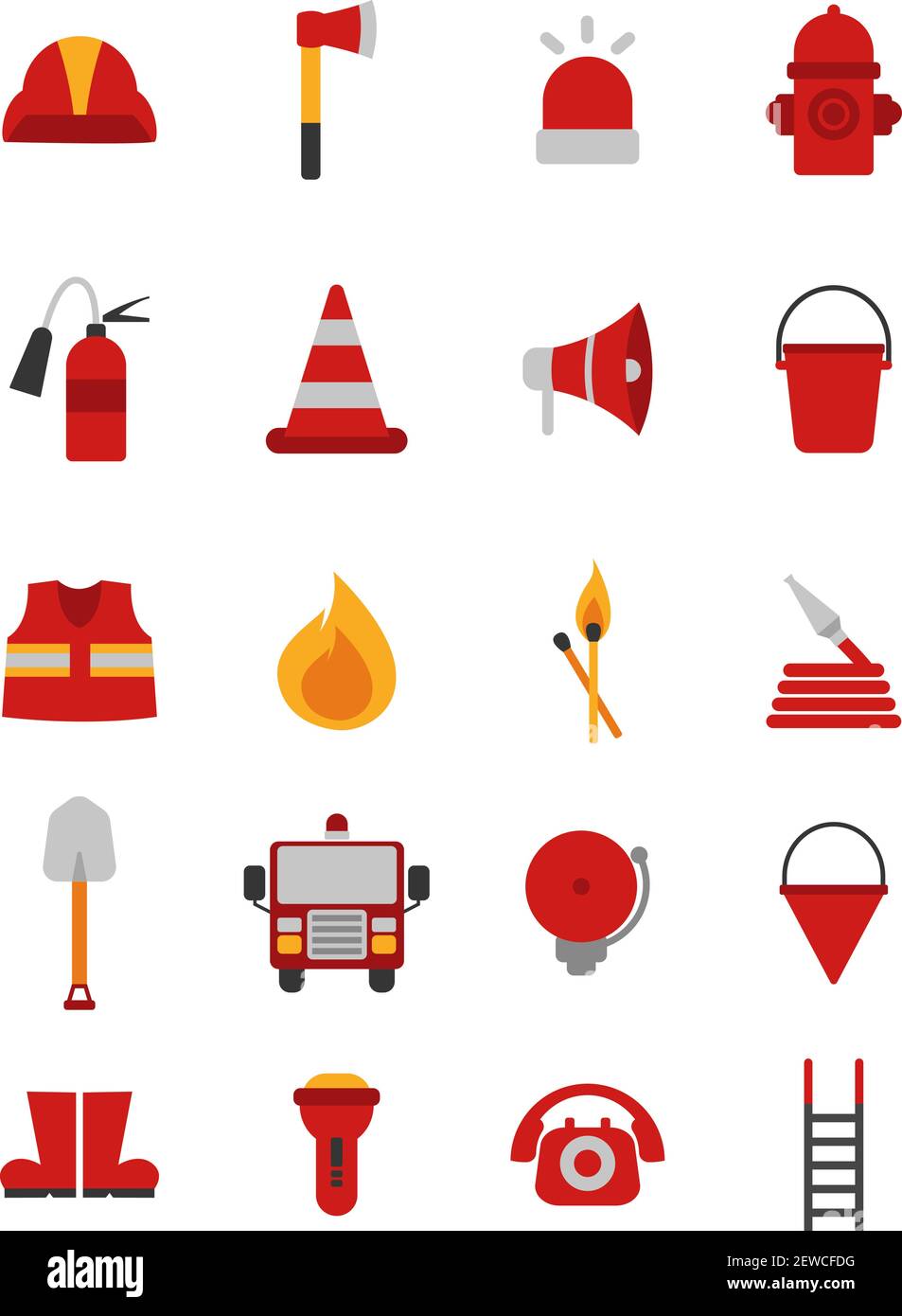 Attrezzature antincendio, illustrazione, vettore su sfondo bianco. Illustrazione Vettoriale