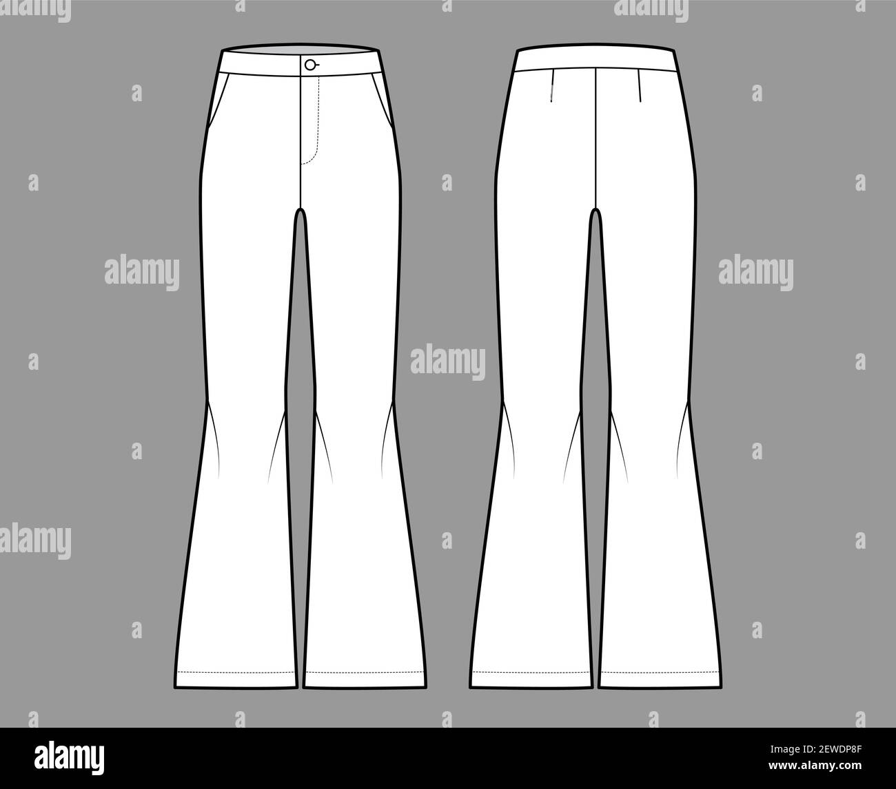Pantaloni Bell-bottom illustrazione tecnica di moda con vita normale, alto, tasche inclinate, gambe larghe. Pantaloni a fondo piatto, modello di abbigliamento anteriore, posteriore, colore bianco. Donne, uomini, unisex CAD mockup Illustrazione Vettoriale