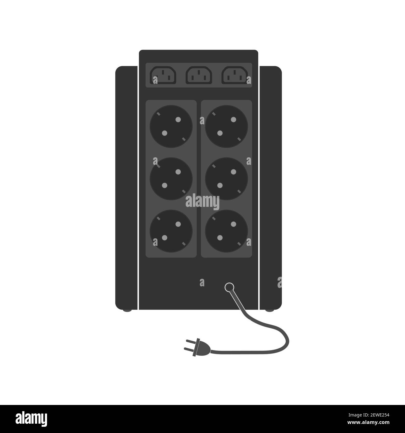 Gruppo di continuità professionale con un gran numero di prese e connettori. Vista posteriore. Un'unità con un cavo di rete. Vettore piatto Illustrazione Vettoriale