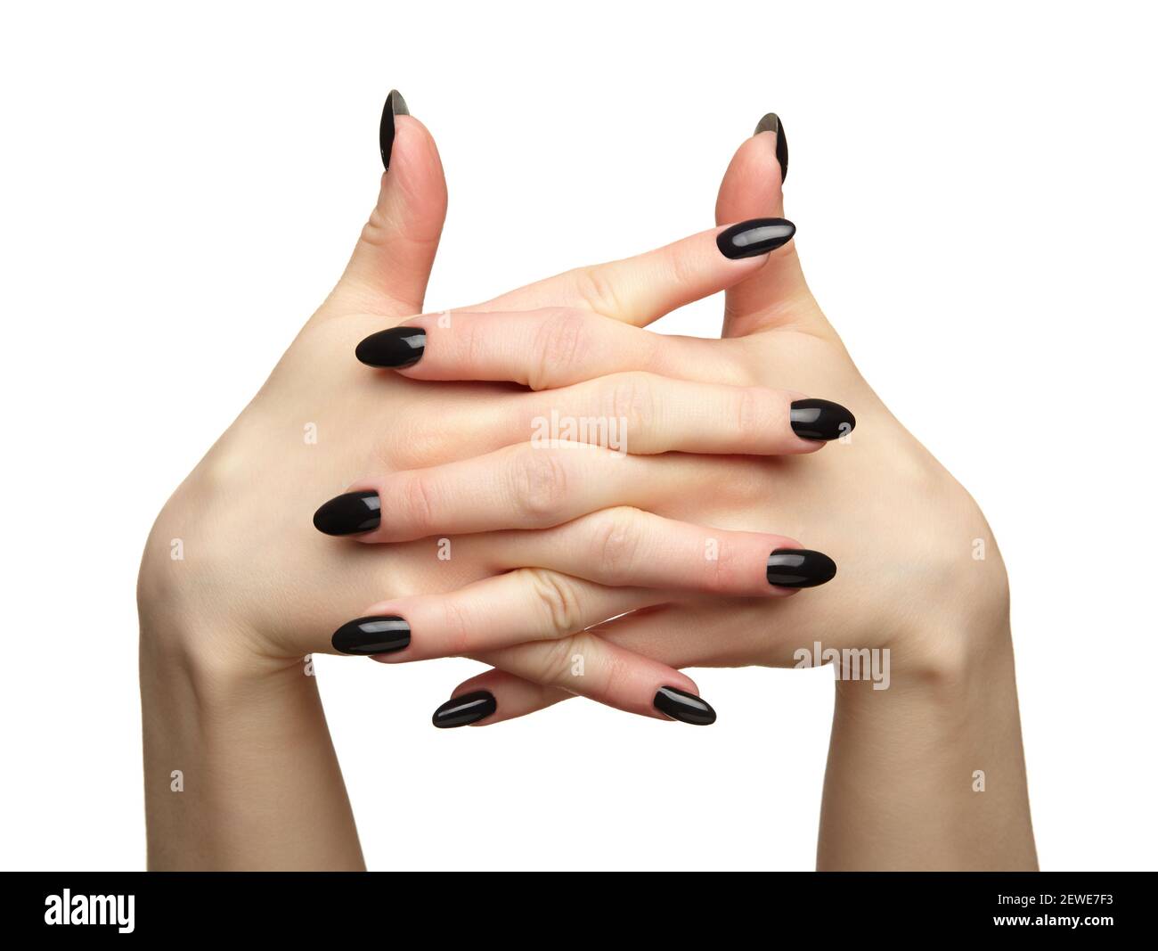 Mani femminili con manicure unghie nere. Isolato su sfondo bianco. Foto Stock