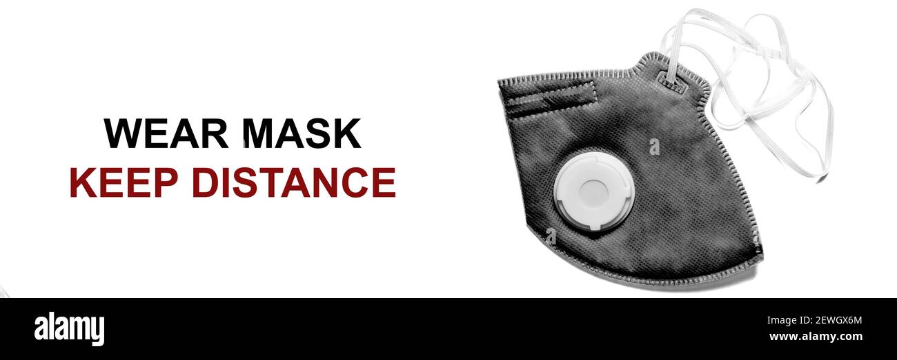 Intestazione in bianco e nero con maschera facciale e testo informativo sociale. Brochure sulla protezione antivirus Foto Stock