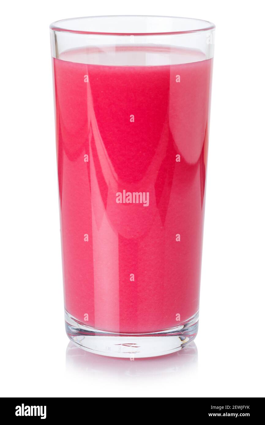 Succo di frutta frullato bevanda di fragola bicchiere isolato su uno sfondo bianco. Foto Stock